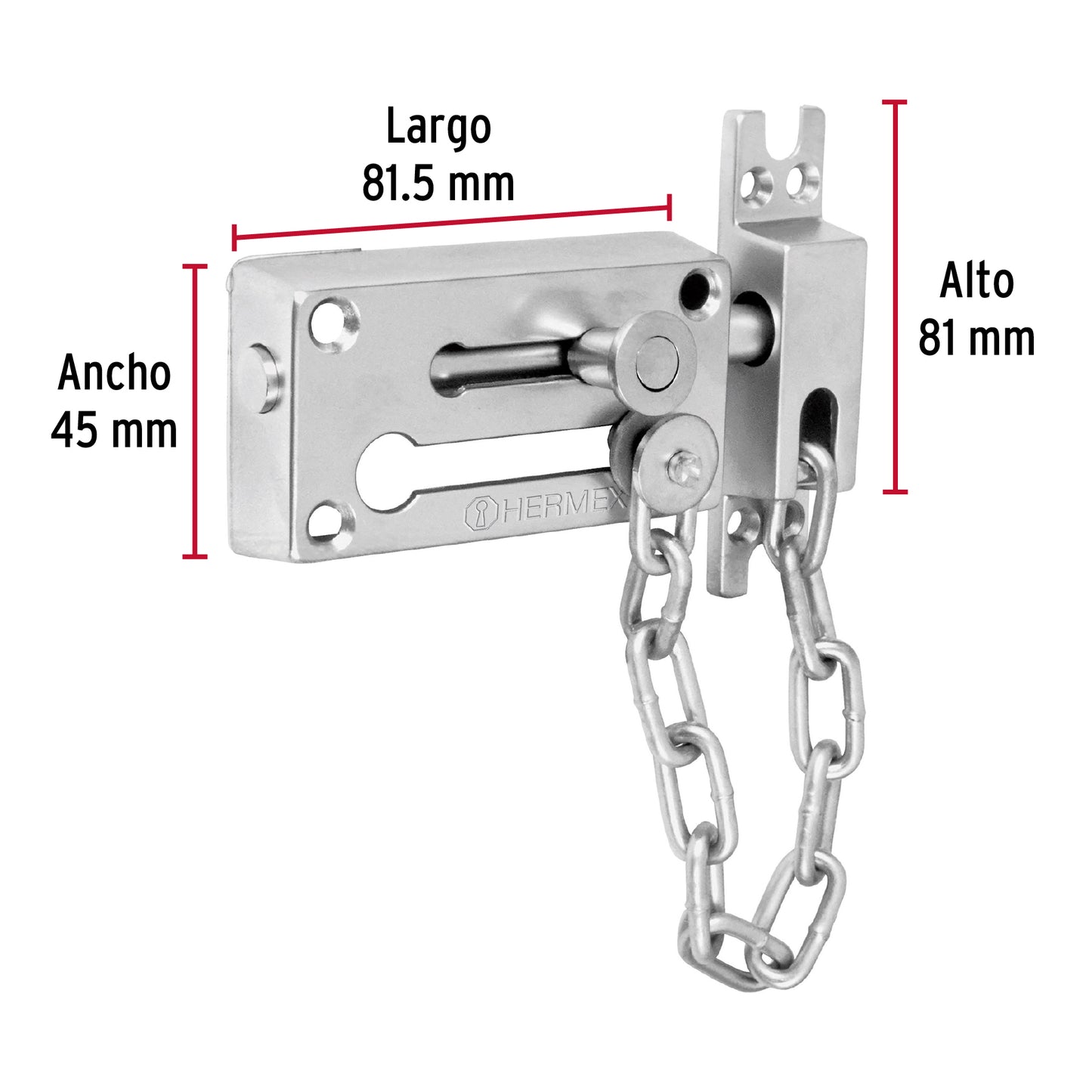 Pasador con cadena para puerta, acabado cromo mate, Hermex PACA-3 43709 MM0