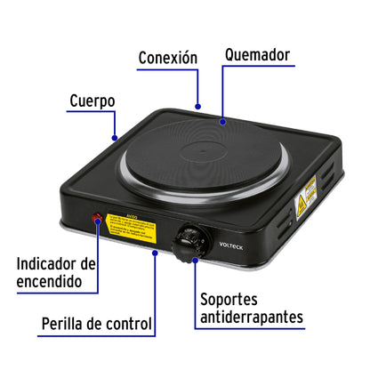 Parrilla eléctrica 1 quemador de disco, negra, Volteck PAEL-1CDN 47554 MM1