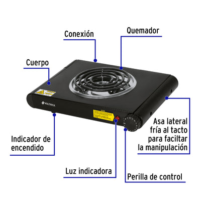 Parrilla eléctrica 1 quemador espiral, negra, Volteck PAEL-1CN 47556 MM1