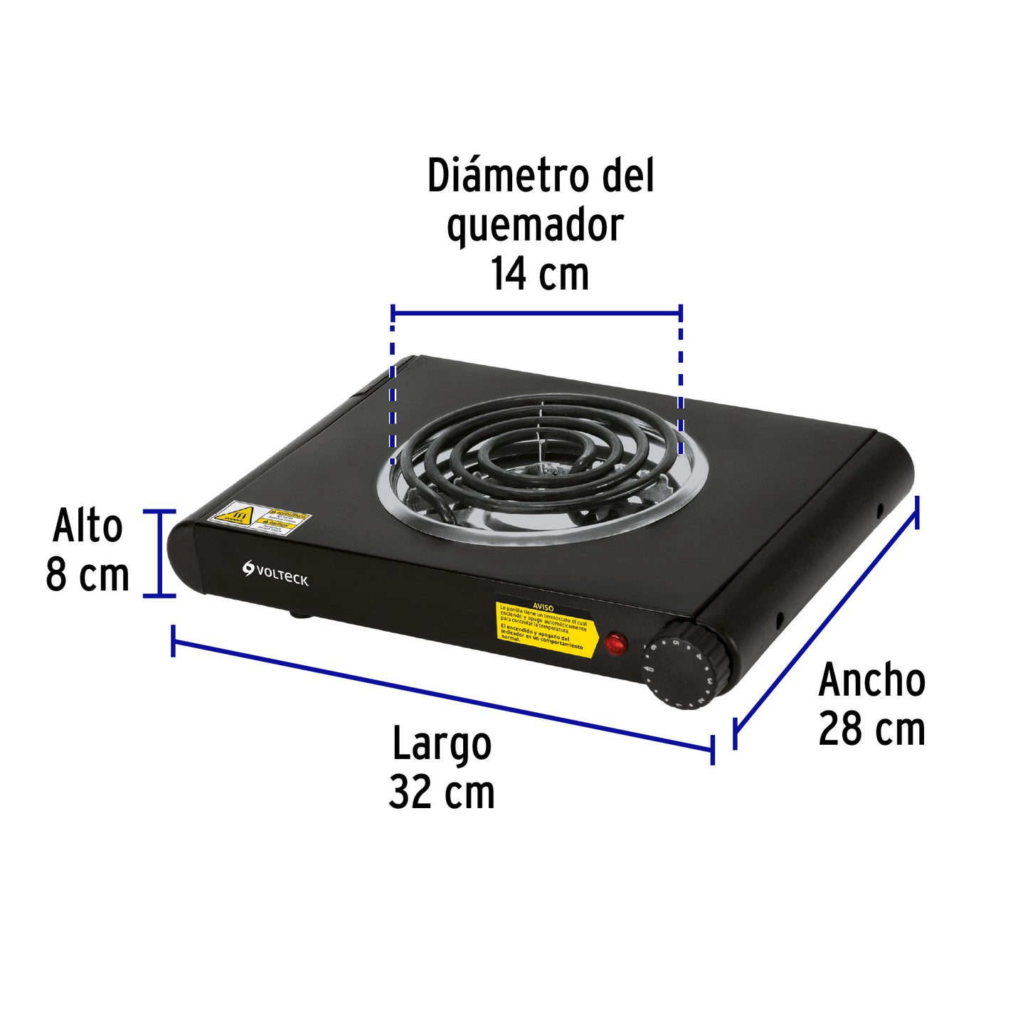 Parrilla eléctrica 1 quemador espiral, negra, Volteck PAEL-1CN 47556 MM1