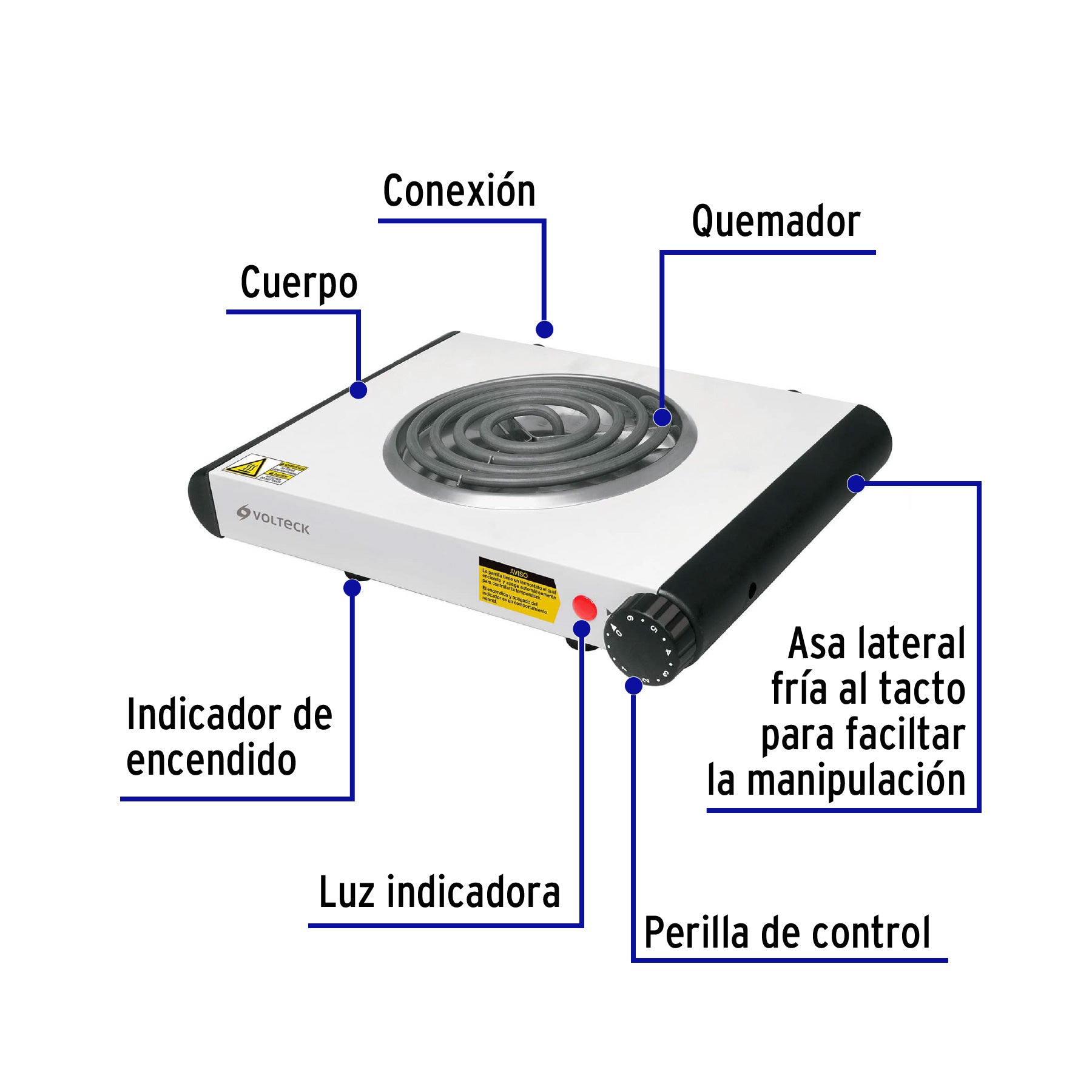 Parrilla eléctrica 1 quemador en espiral, blanca, Volteck PAEL-1C 48126 MM1