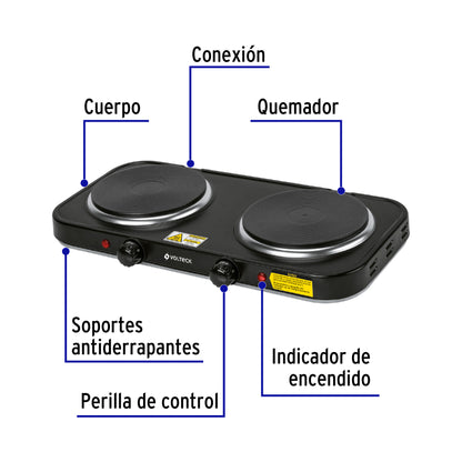 Parrilla eléctrica 2 quemadores de disco, negra, Volteck PAEL-2CDN 47553 MM1