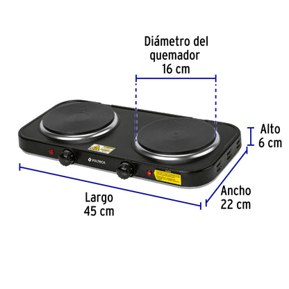 Parrilla eléctrica 2 quemadores de disco, negra, Volteck PAEL-2CDN 47553 MM1