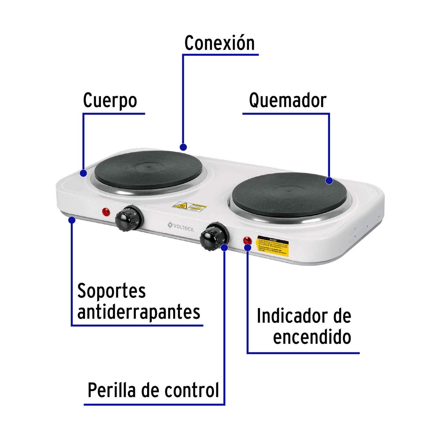 Parrilla eléctrica 2 quemadores de disco, blanca, Volteck PAEL-2CD 49990 MM1