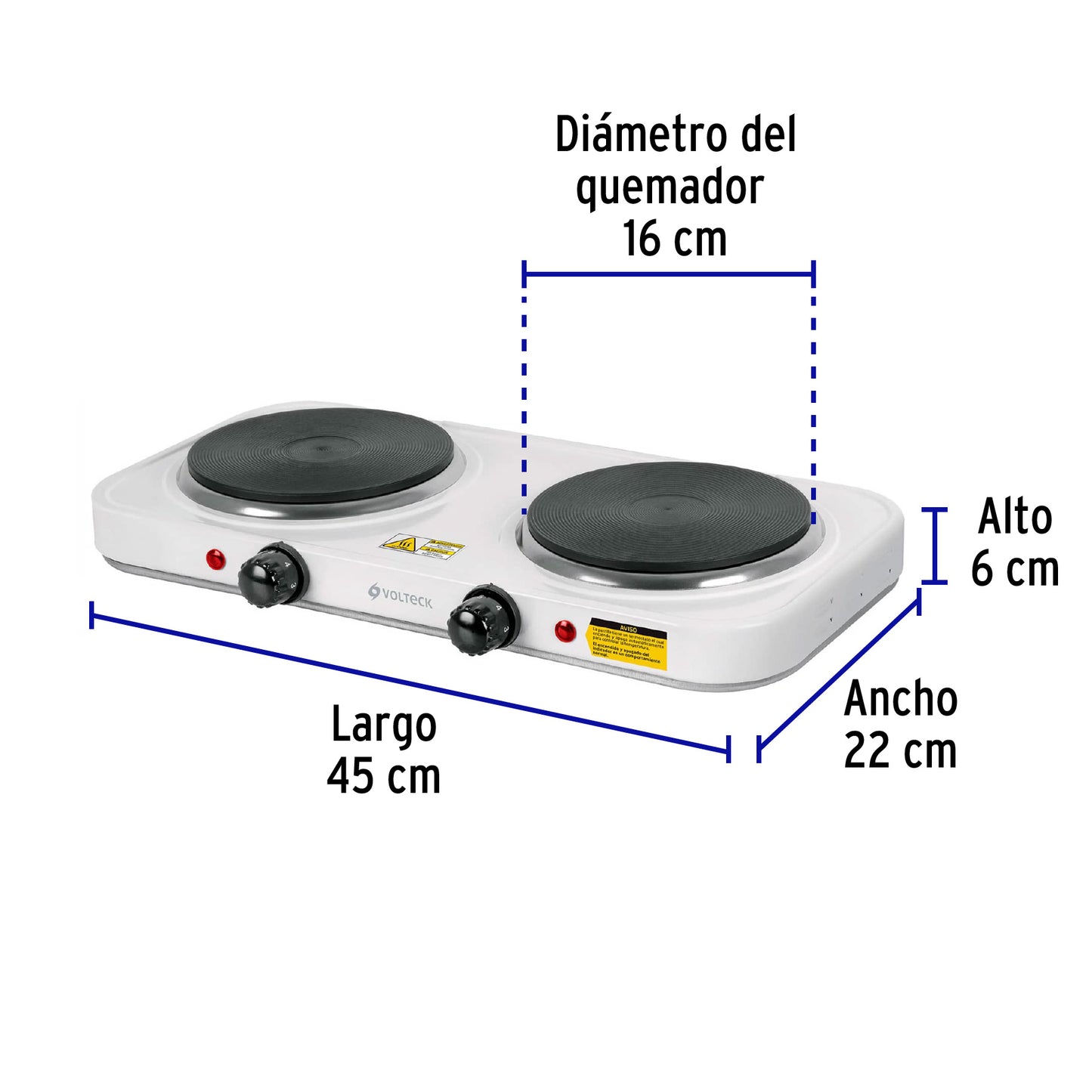 Parrilla eléctrica 2 quemadores de disco, blanca, Volteck PAEL-2CD 49990 MM1