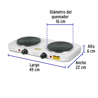 Parrilla eléctrica 2 quemadores de disco, blanca, Volteck PAEL-2CD 49990 MM1