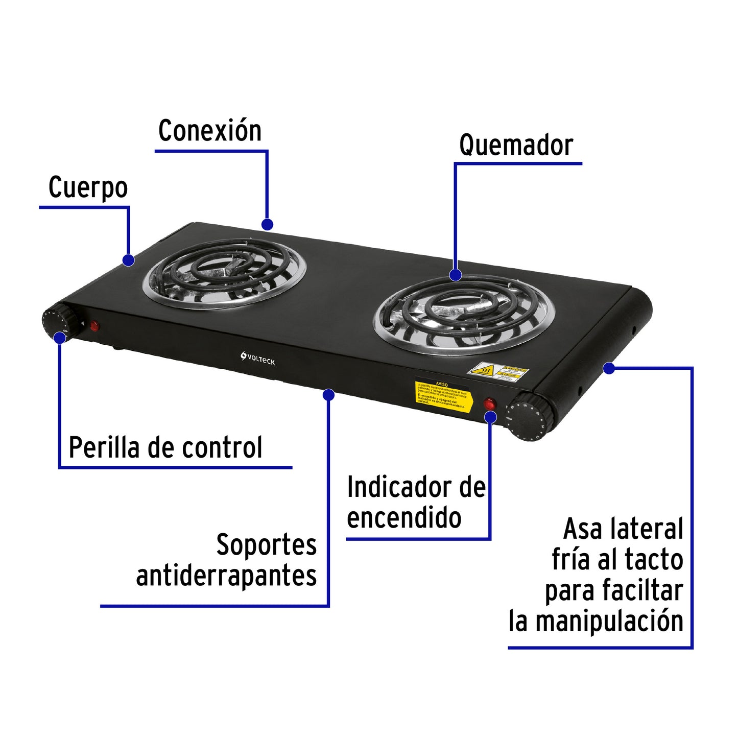 Parrilla eléctrica 2 quemadores en espiral, blanca Volteck PAEL-2CN 47555 MM1