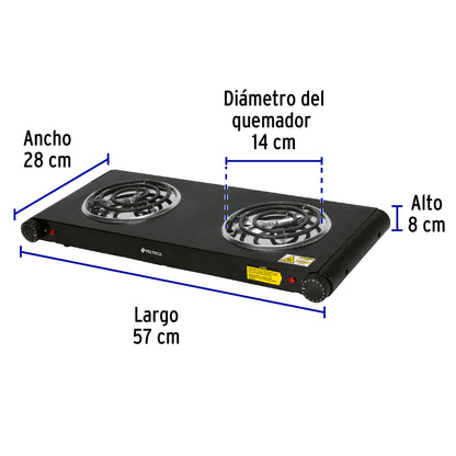 Parrilla eléctrica 2 quemadores en espiral, blanca Volteck PAEL-2CN 47555 MM1