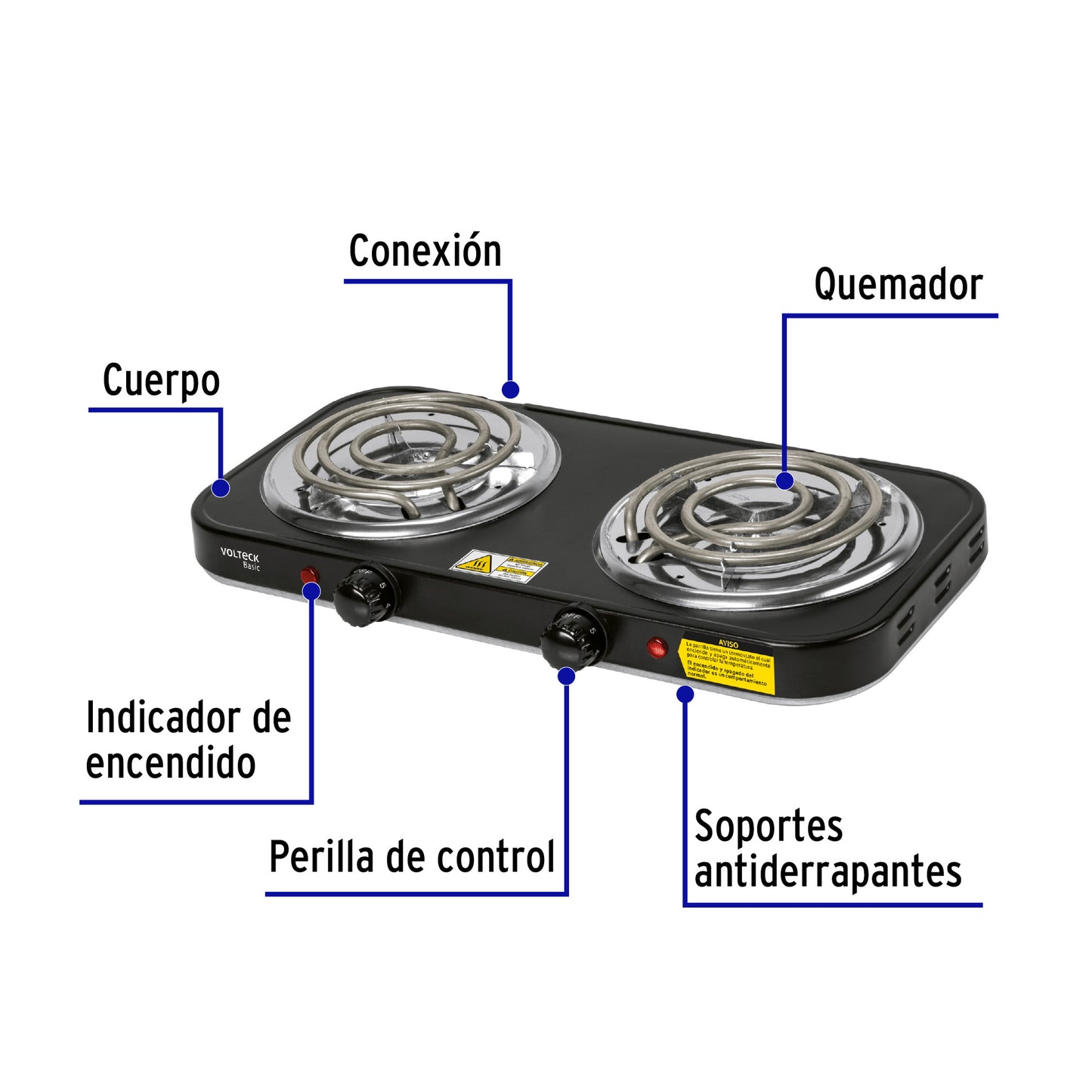 Parrilla eléctrica 2 quemadores en espiral, negra, Basic PAEL-2CPN 26092 MM1