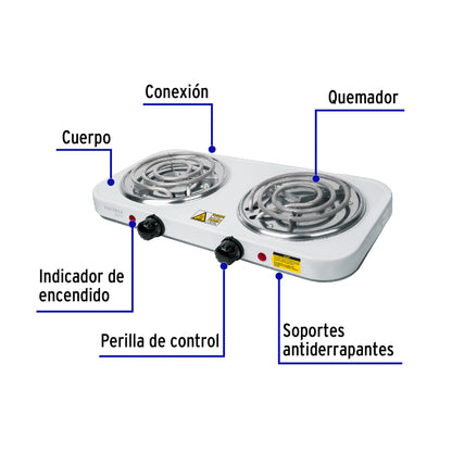 Parrilla eléctrica 2 quemadores en espiral, blanca, Basic PAEL-2CP 23032 MM1