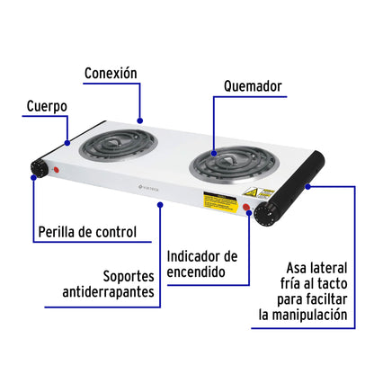 Parrilla eléctrica 2 quemadores en espiral, negra Volteck PAEL-2C 48127 MM1