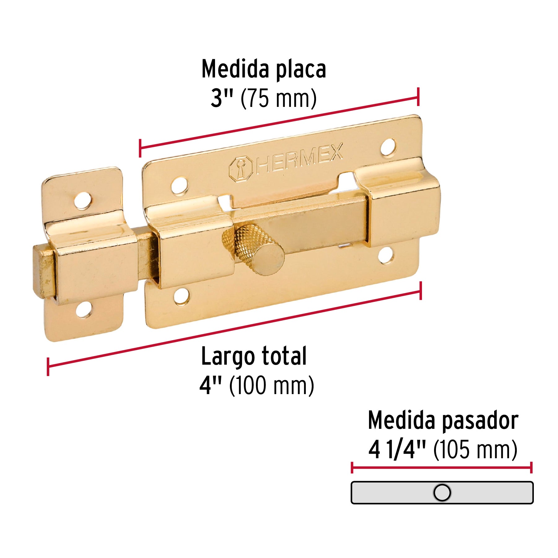 Pasador de barra plana 3' acabado latón, Hermex PAL-36 43725 MM0