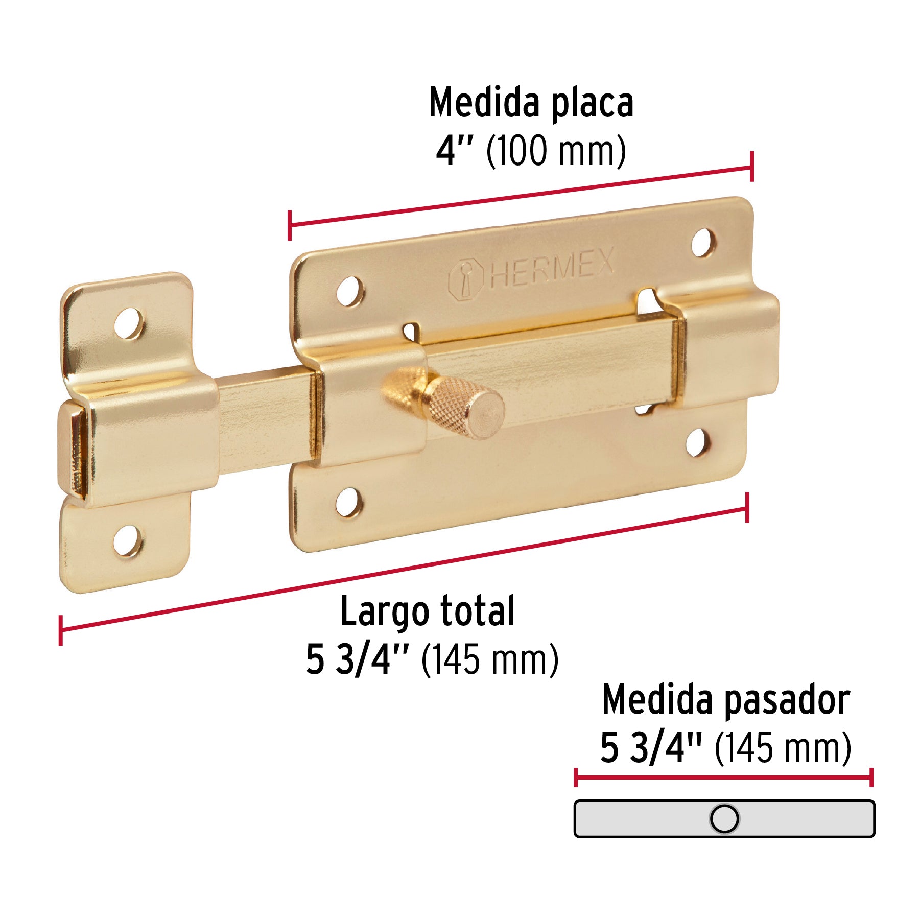 Pasador de barra plana 4' acabado latón, Hermex PAL-37 43726 MM0