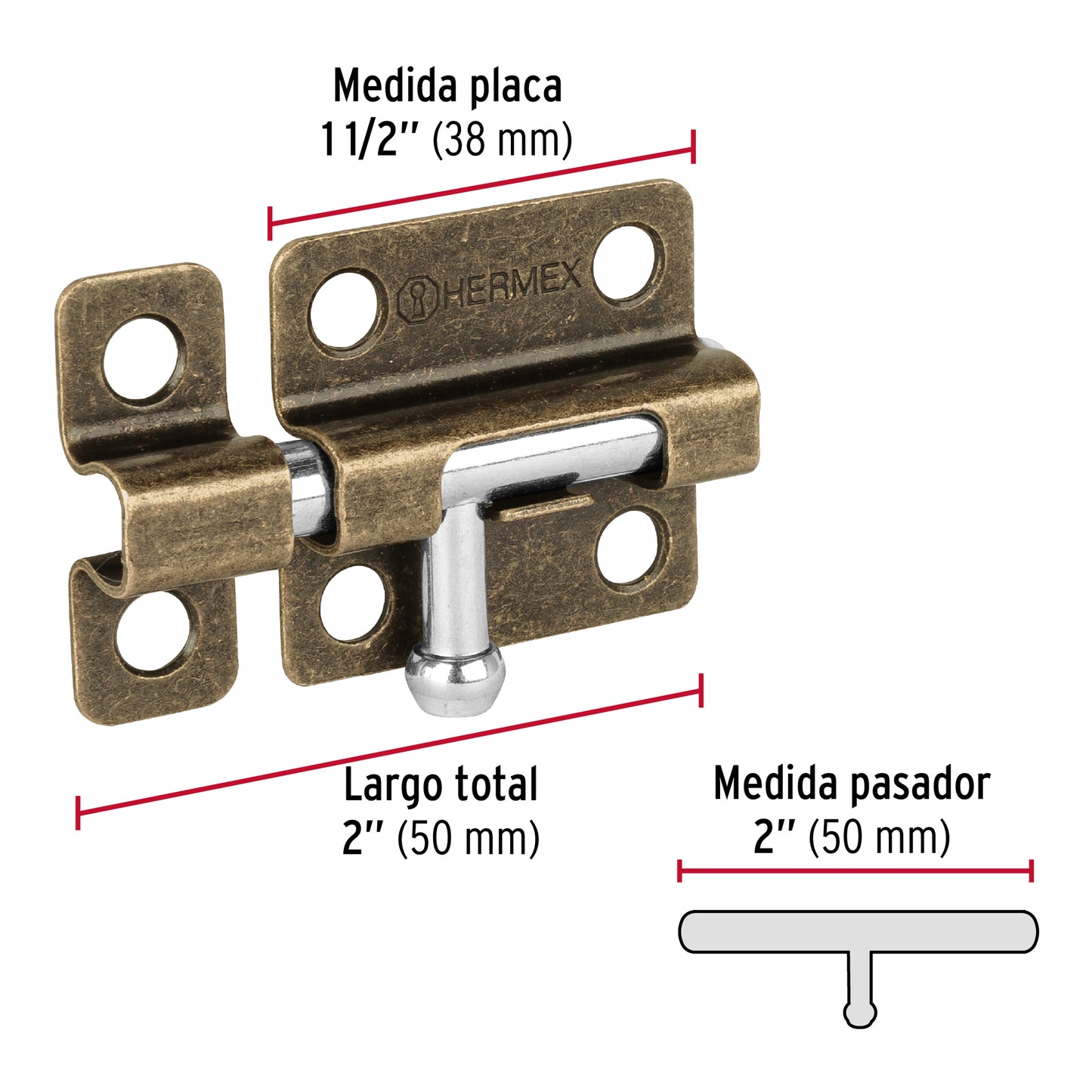 Pasador de barril de acero latón antiguo 2', Hermex PAS-22 45728 MM0