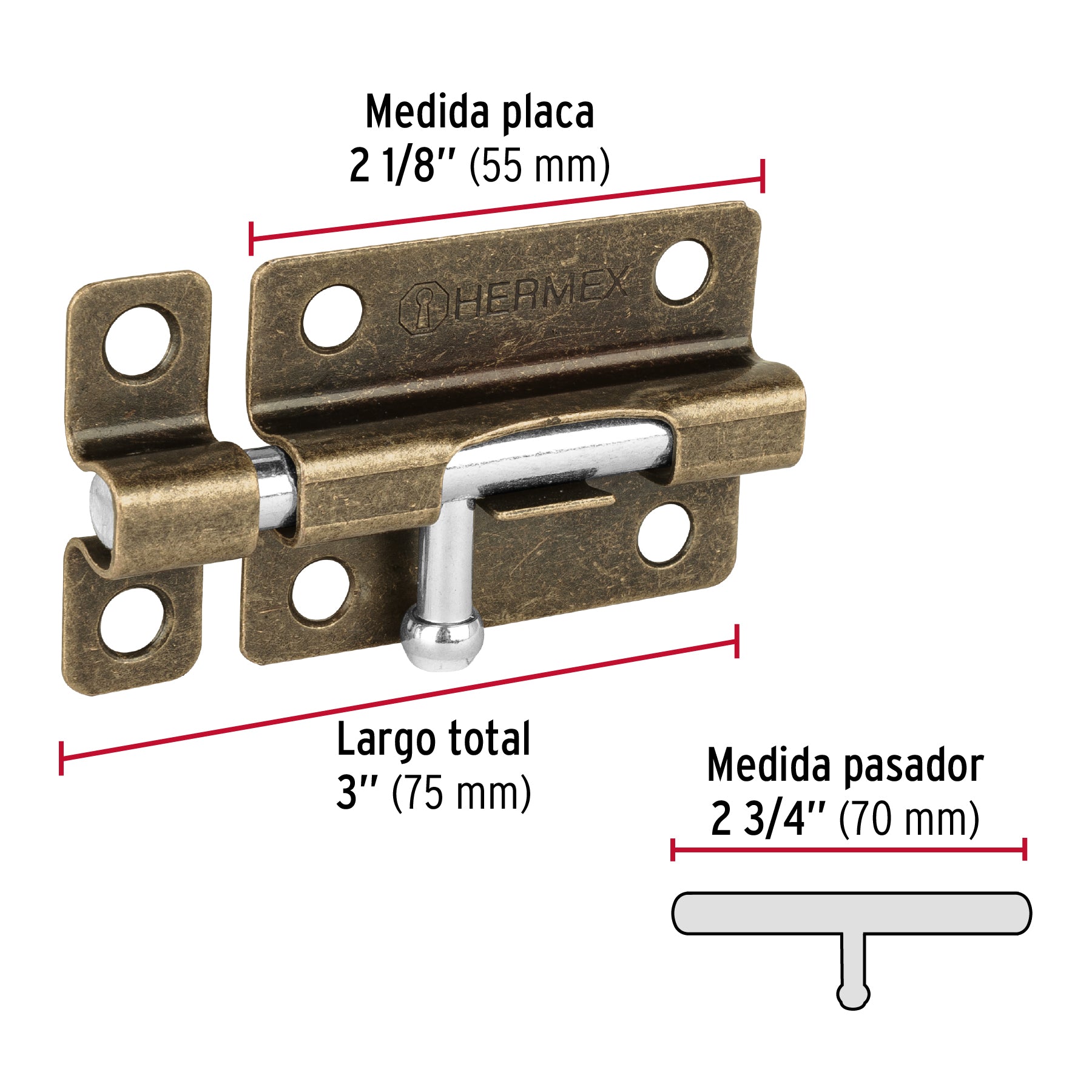 Pasador de barril de acero latón antiguo 3', Hermex PAS-32 45727 MM0