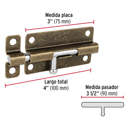 Pasador de barril de acero latón antiguo 4', Hermex PAS-42 45726 MM0