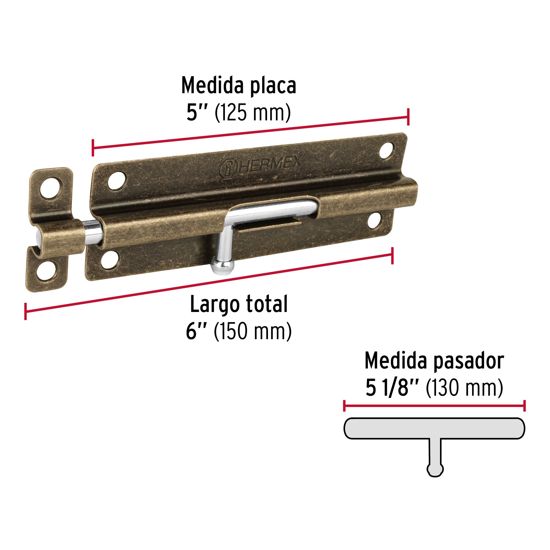 Pasador de barril de acero latón antiguo 6', Hermex PAS-62 45724 MM0