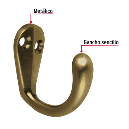 Gancho sencillo tipo perchero, latón antiguo, Hermex PEPU-02 48351 MM0