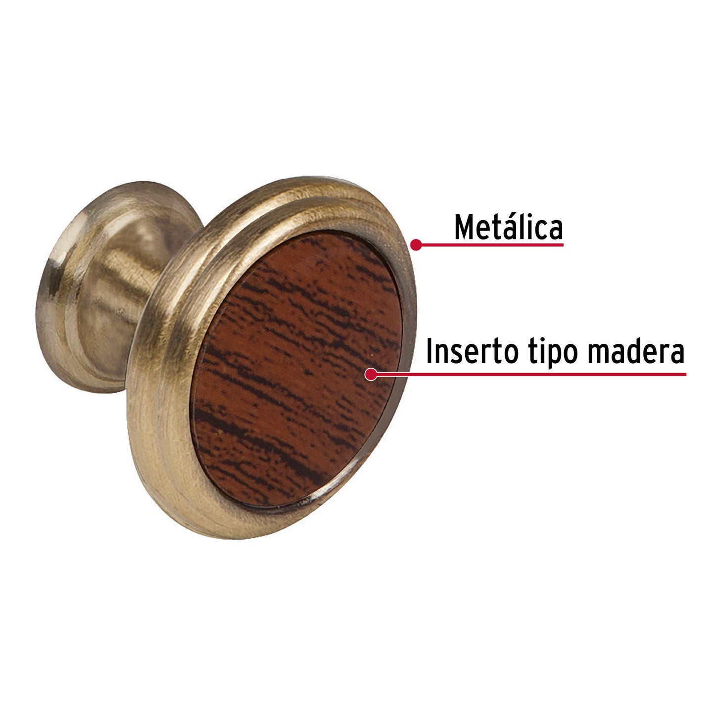 Perilla metálica acabado latón antiguo, inserto tipo madera PER-063 43813 MM00