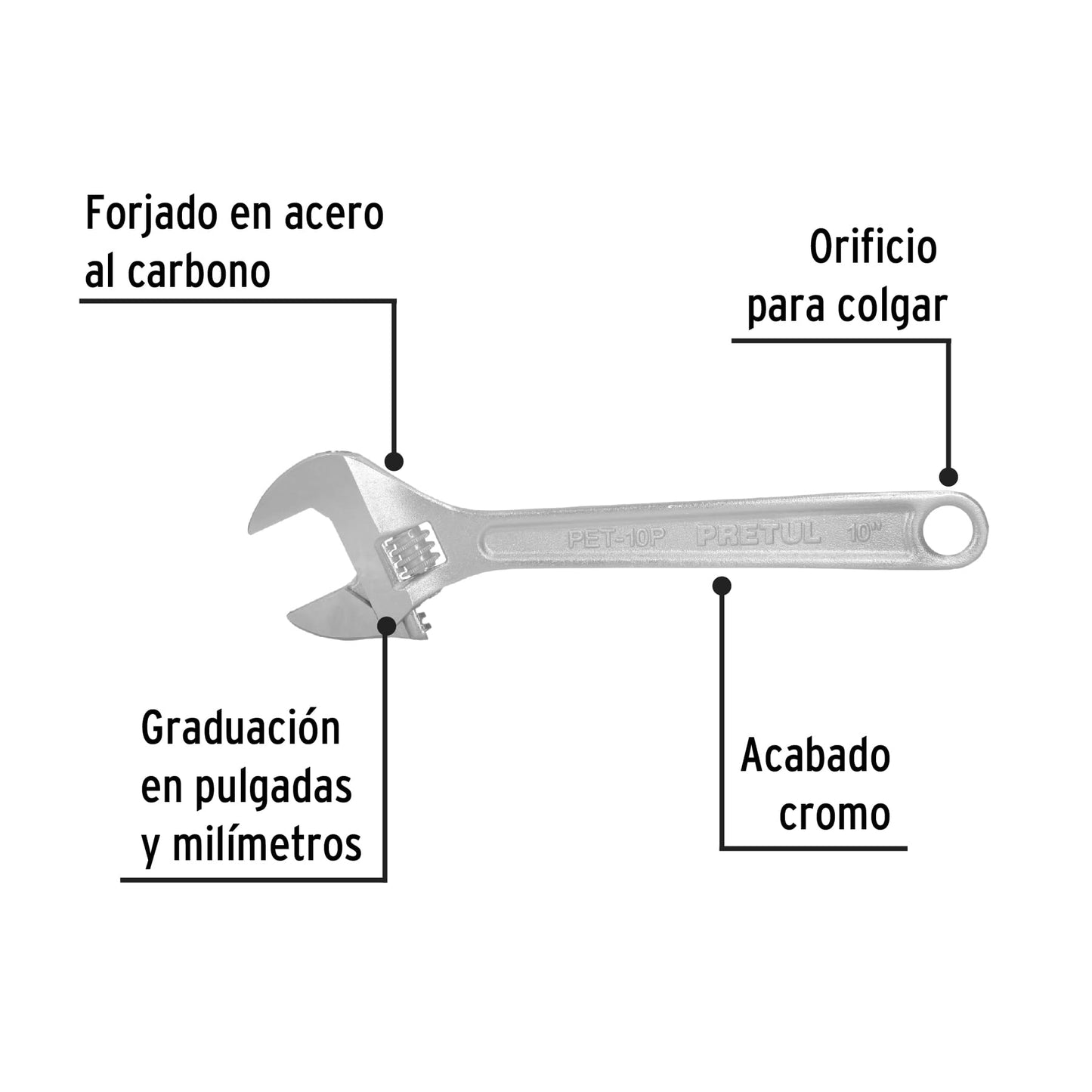 Llave ajustable (perico) 10' cromada, Pretul PET-10P 21816 MM0