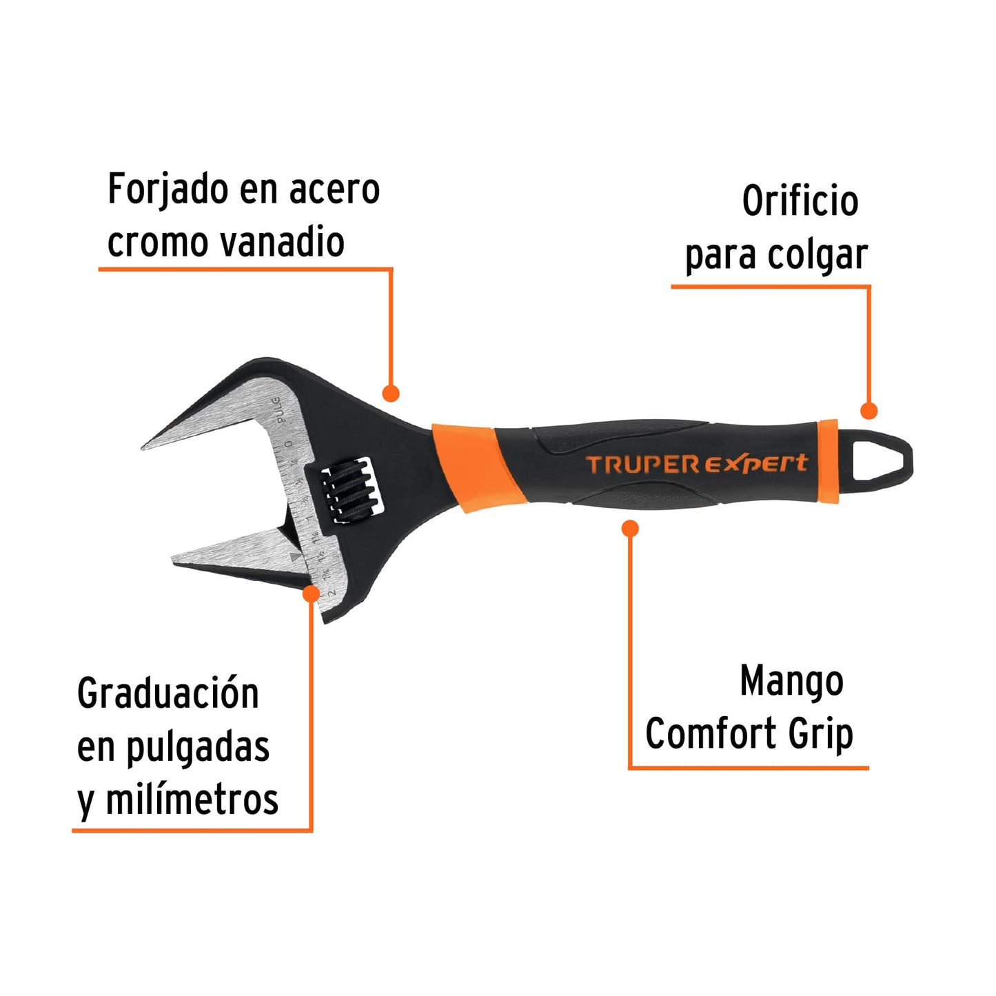 Llave ajustable (perico) 10' boca ancha Comfort Grip, Expert PET-10XA 101035 MM00