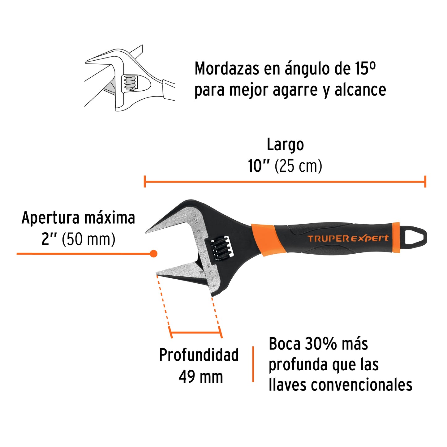 Llave ajustable (perico) 10' boca ancha Comfort Grip, Expert PET-10XA 101035 MM00