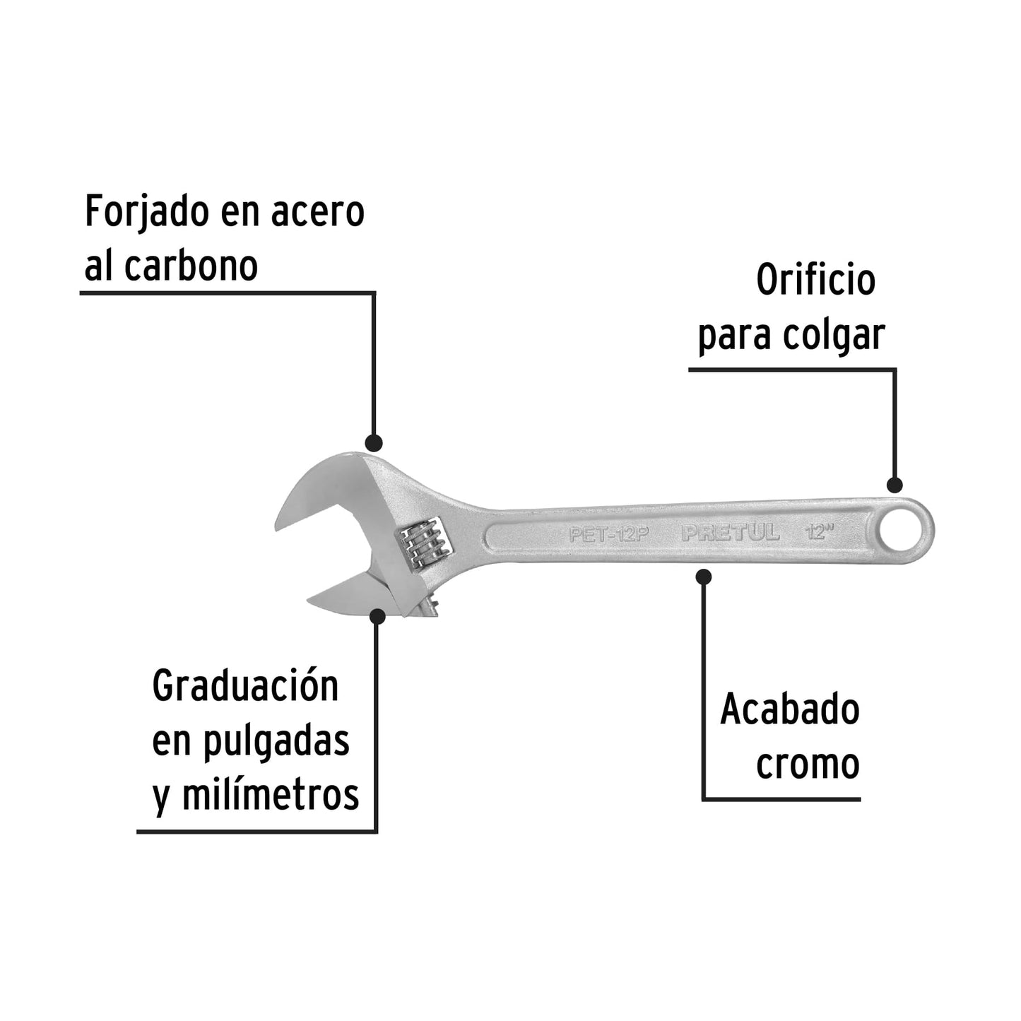 Llave ajustable (perico) 12' cromada, Pretul PET-12P 21817 MM0