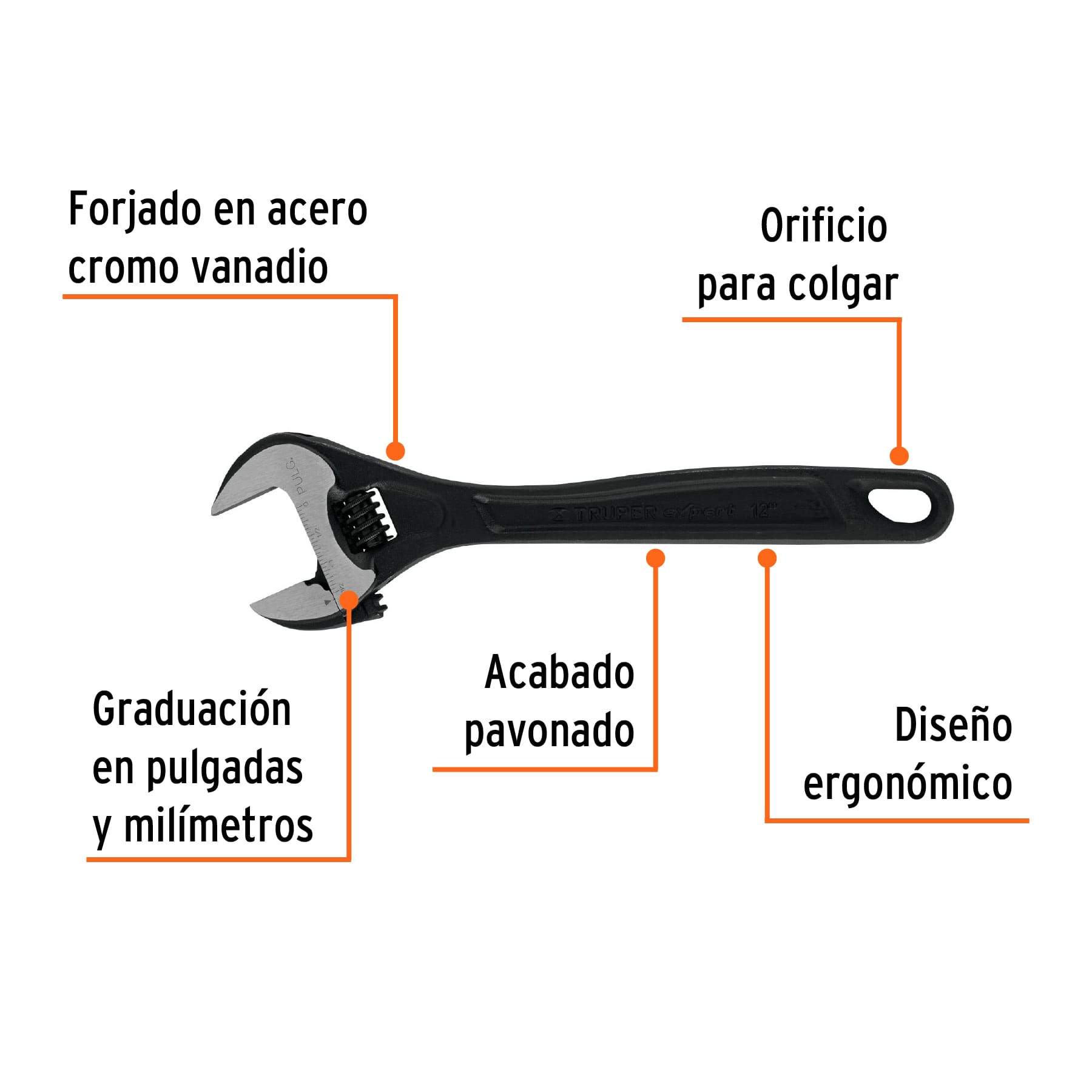 Llave ajustable (perico) 12' profesional pavonada, Expert PET-12 15503 MM00