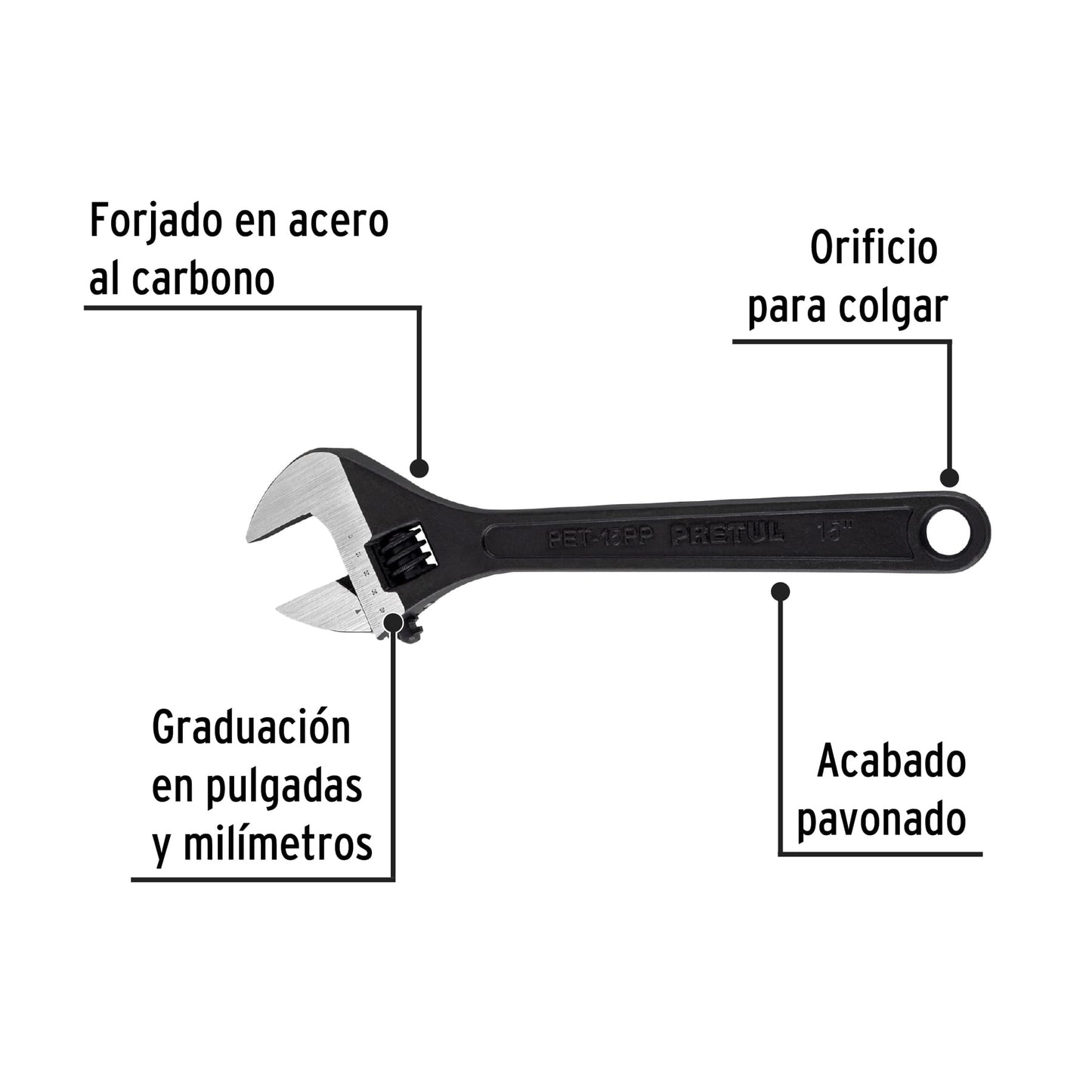 Llave ajustable (perico) 15' pavonada, Pretul PET-15PP 26053 MM0