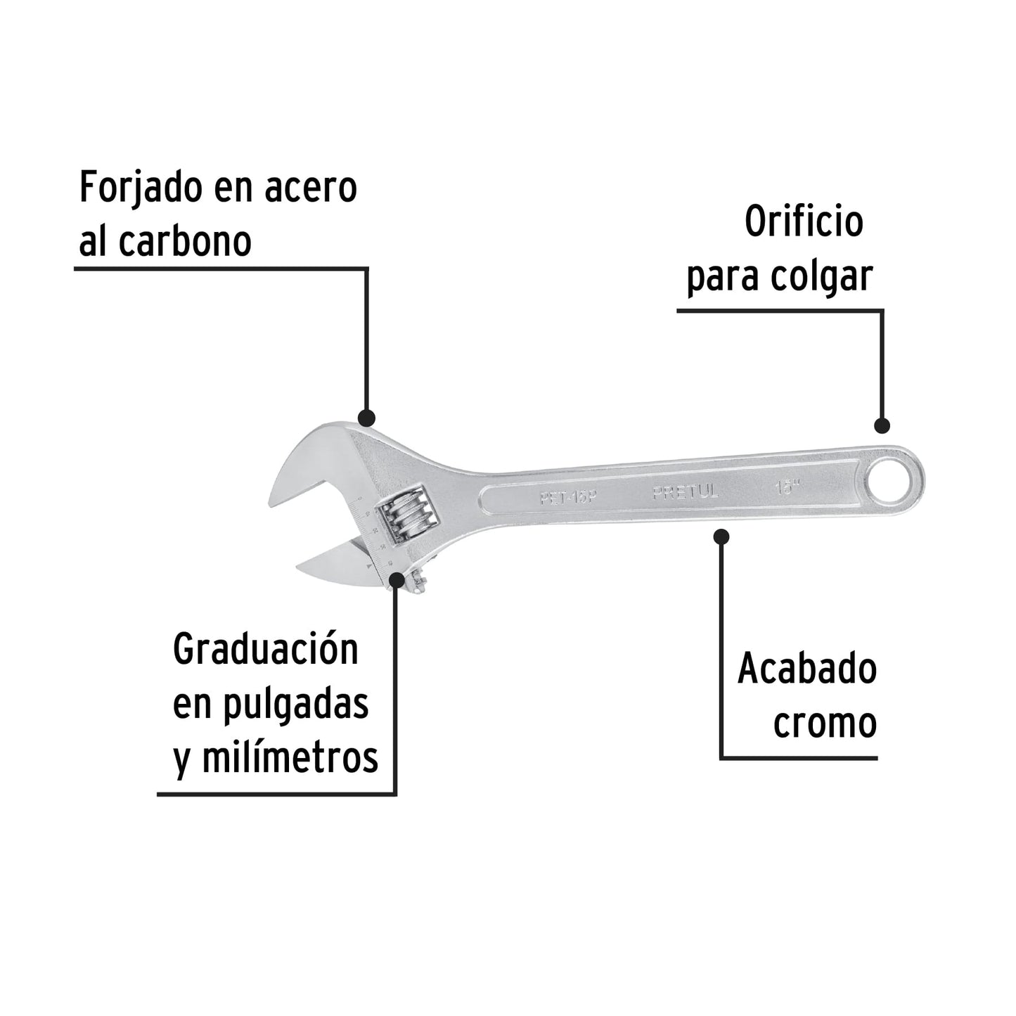 Llave ajustable (perico) 15' cromada, Pretul PET-15P 26054 MM0