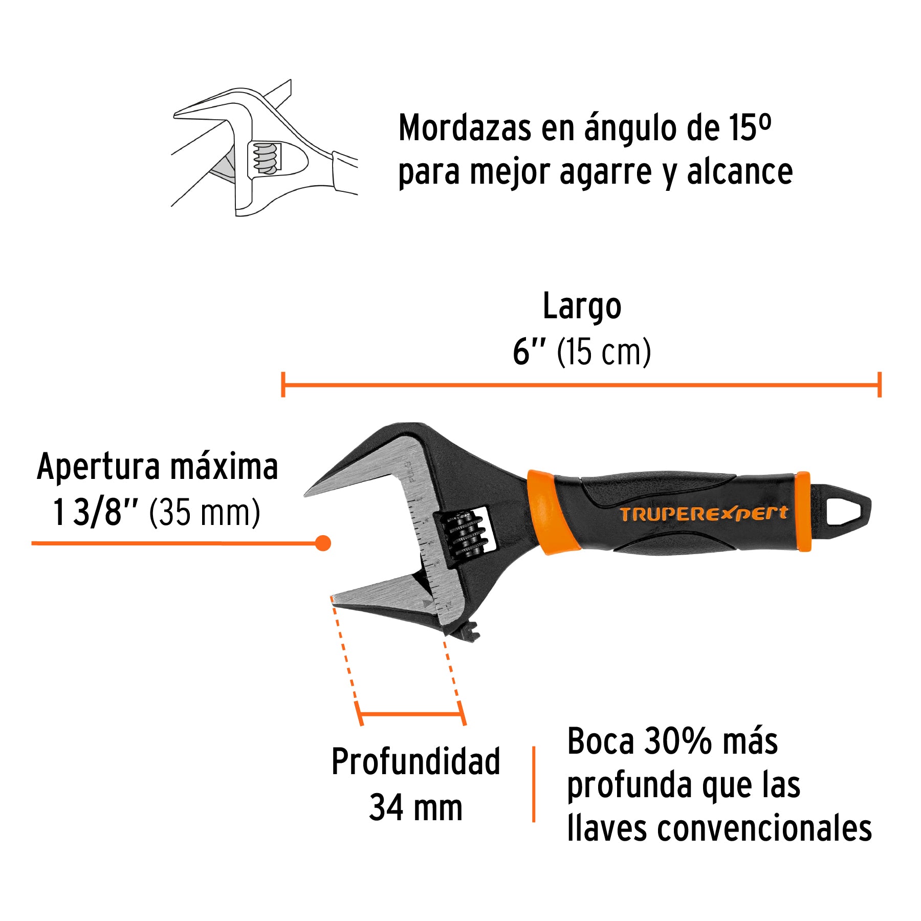 Llave ajustable (perico) 6' boca ancha Comfort Grip, Expert PET-6XA 101033 MM00