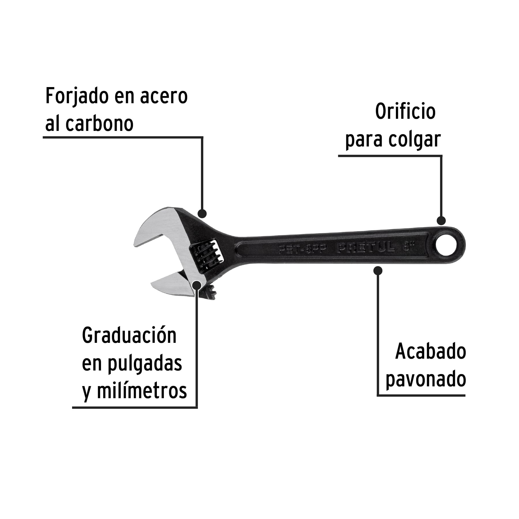 Llave ajustable (perico) 8' pavonada, Pretul PET-8PP 21823 MM0