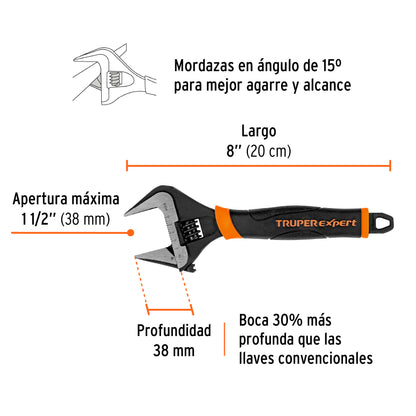 Llave ajustable (perico) 8' boca ancha Comfort Grip, Expert PET-8XA 101034 MM00