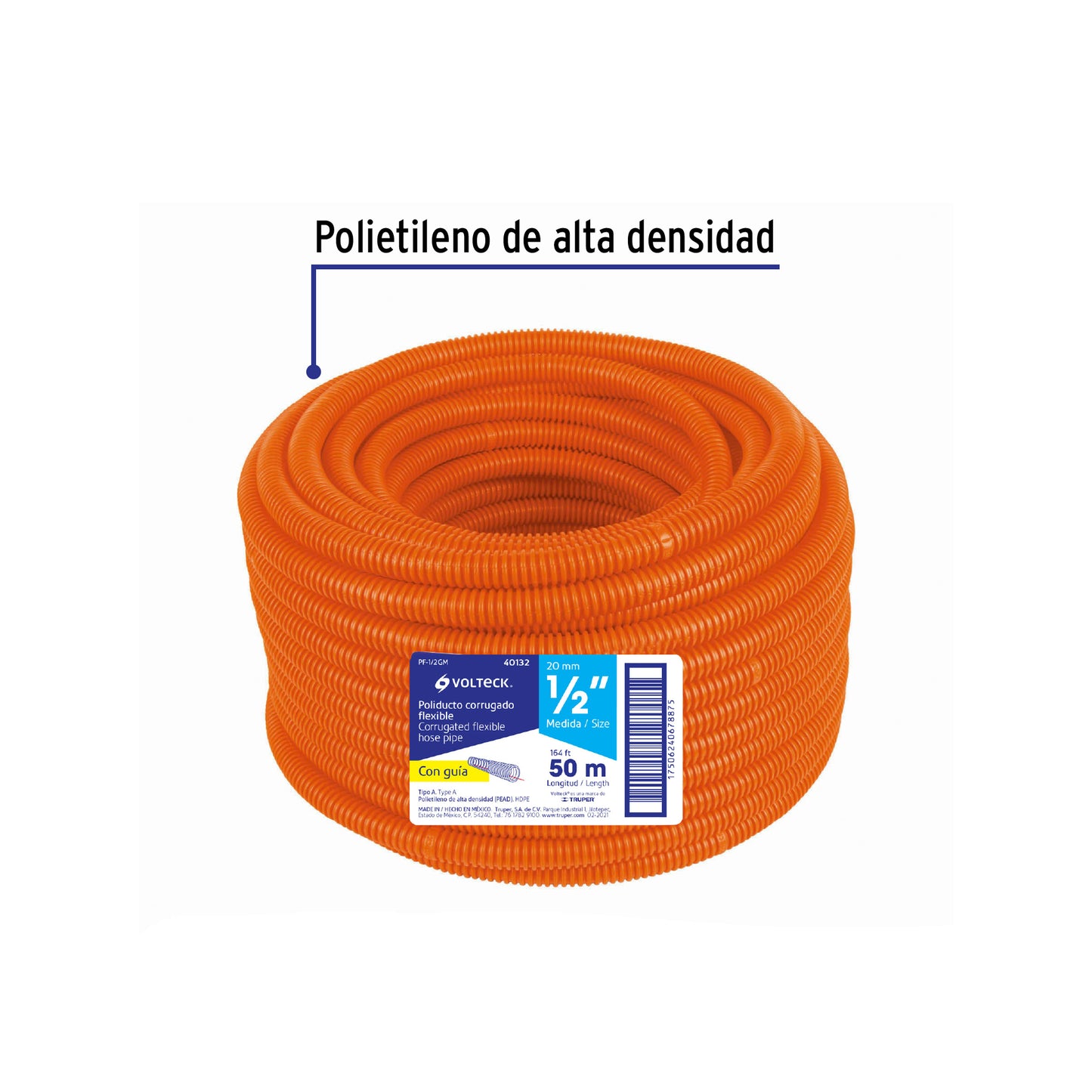 Metro de poliducto 1/2' corrugado flex. c/guía, rollo 50 m PF-1/2GM 40132 MM00