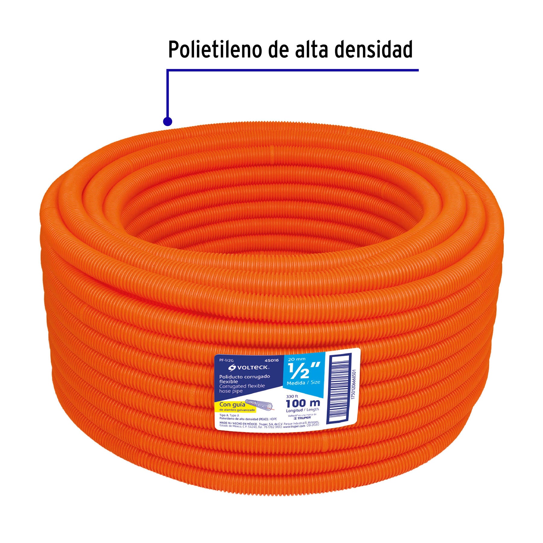 Metro de poliducto 1/2' corrugado flex. c/guía, rollo 100 m PF-1/2G 45016 MM00