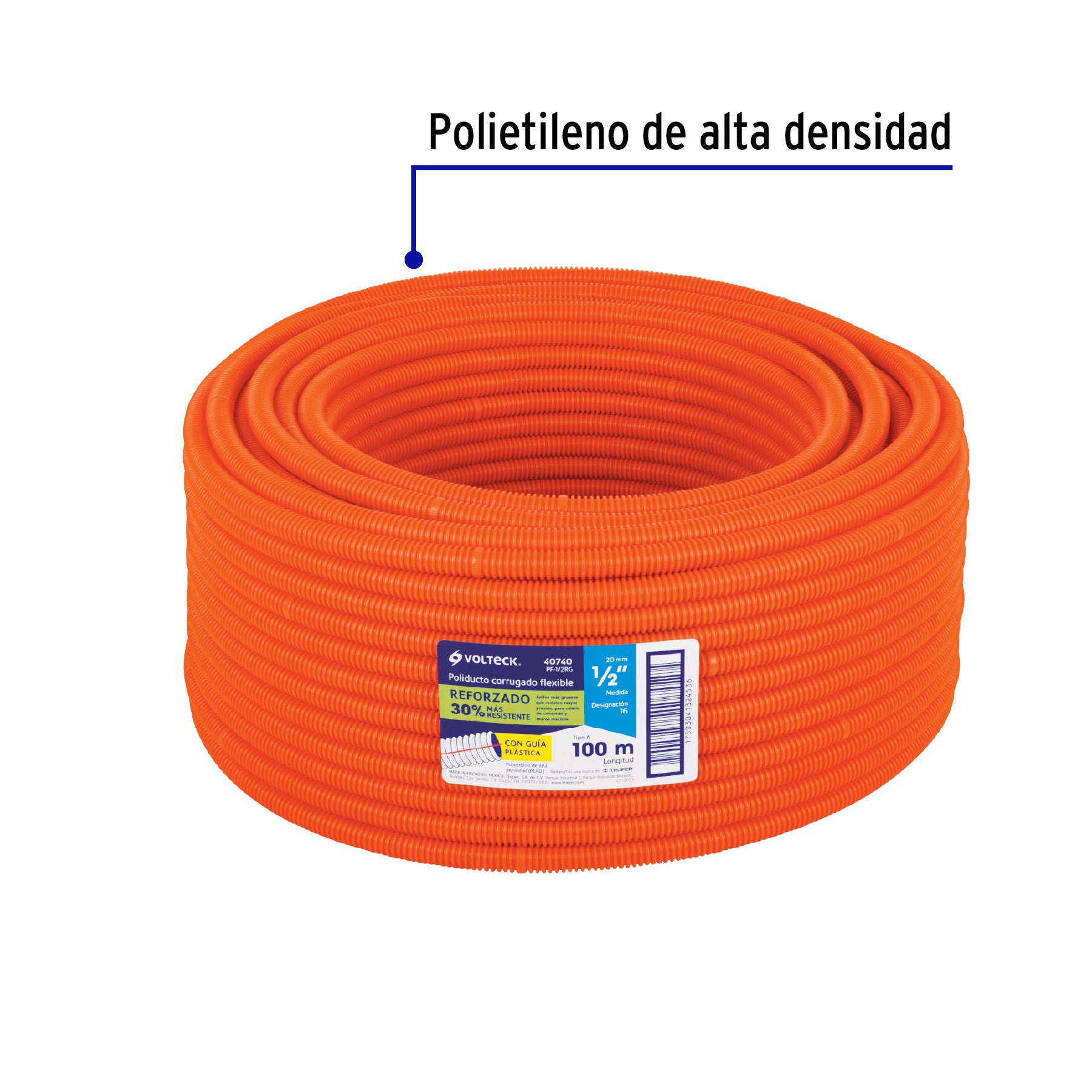 Metro de poliducto 1/2' corrugado flex. reforz. c/guía, 100m PF-1/2RG 40740 MM00