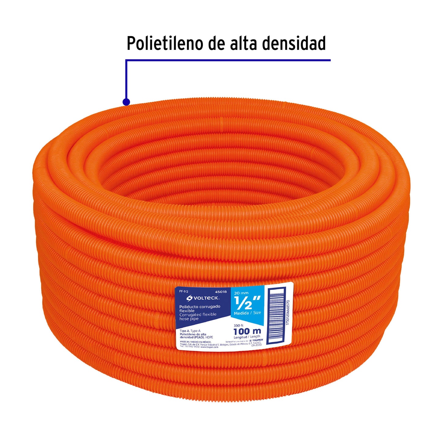 Metro de poliducto 1/2' corrugado flex. s/guía, rollo 100 m PF-1/2 45018 MM00