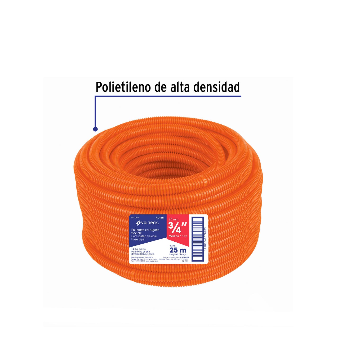 Metro de poliducto 3/4' corrugado flex. s/guía, rollo 25 m PF-3/4M 40135 MM00