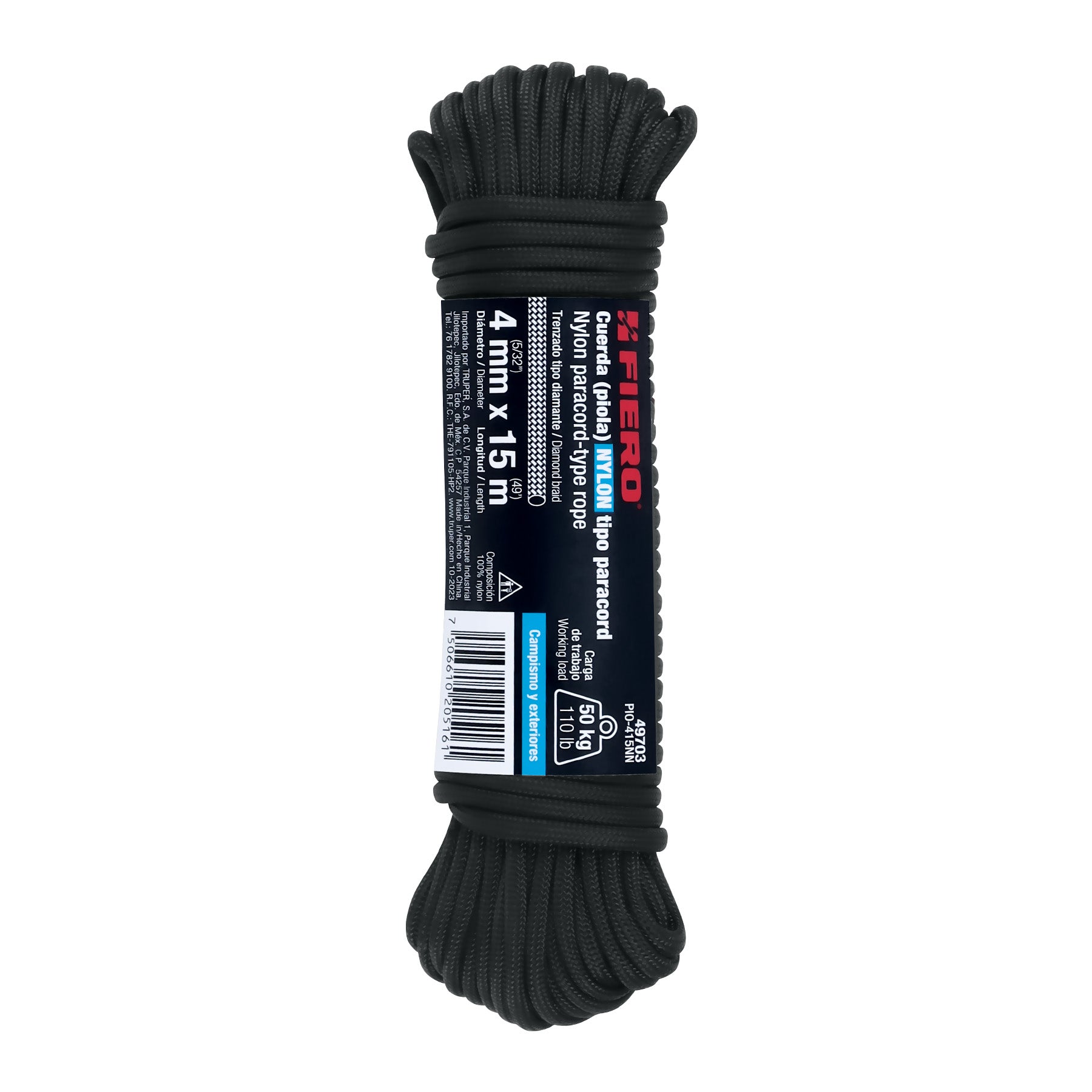 Piola de Nylon Paracord de 4mm x 15 m, negro, Fiero PIO-415NN 49703 MM00