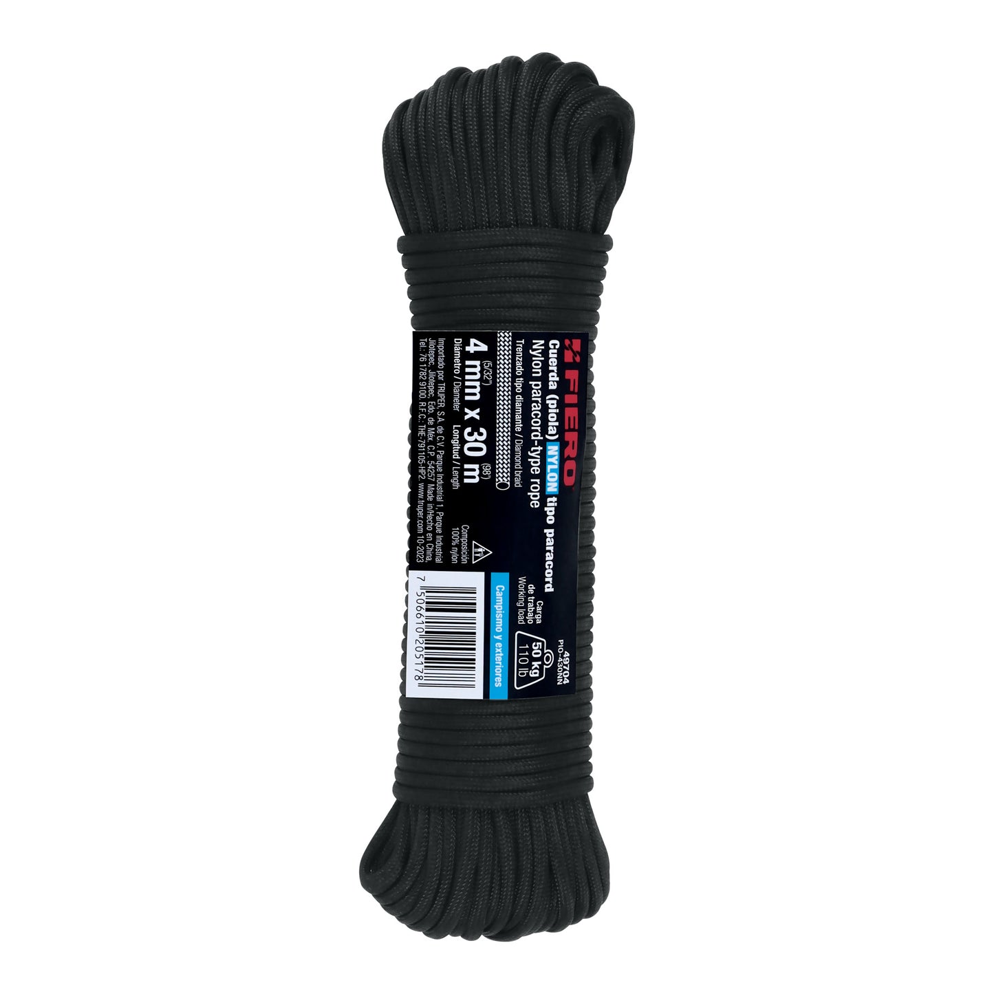 Piola de Nylon Paracord de 4mm x 30 m, negro, Fiero PIO-430NN 49704 MM00