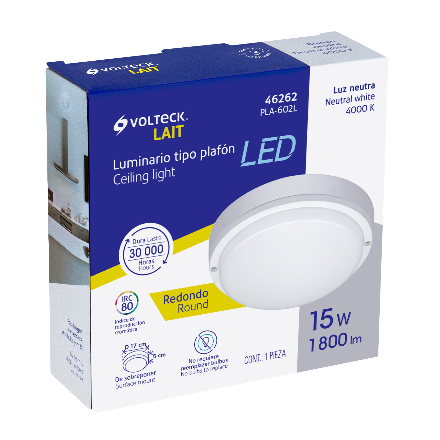 Plafón decorativo de LED 15 W redondo para baño, Volteck PLA-602L 46262 MM0