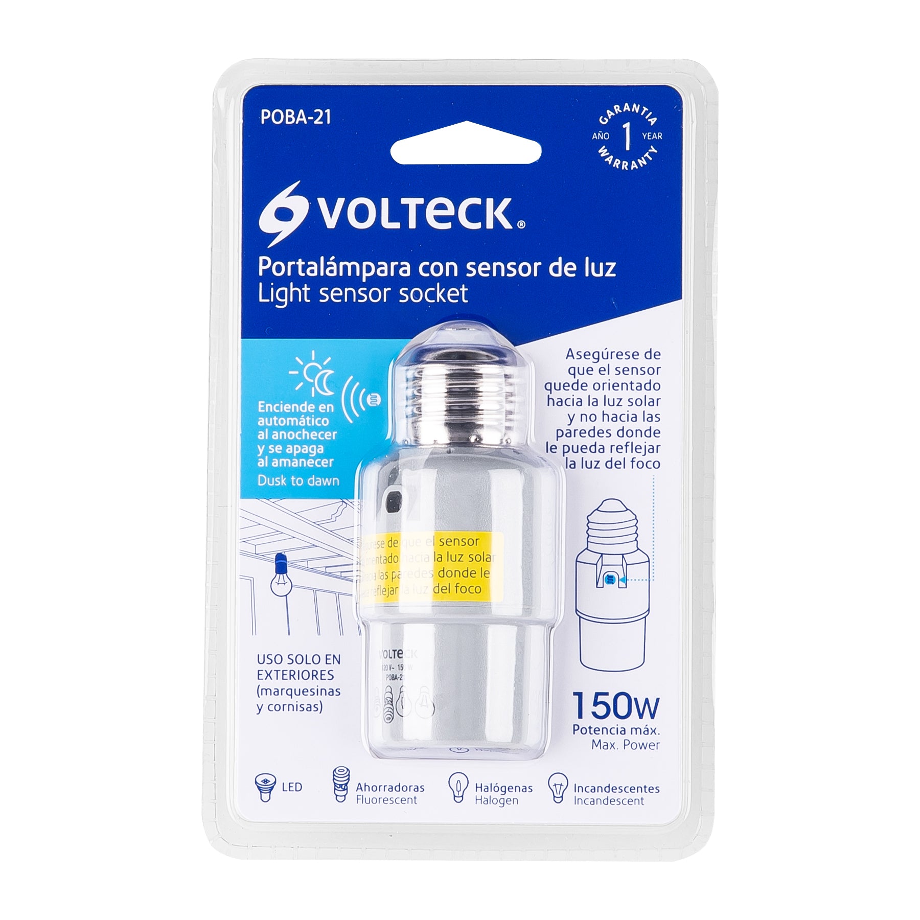 Portalámpara con sensor de luz, Volteck POBA-21 46534 MM00