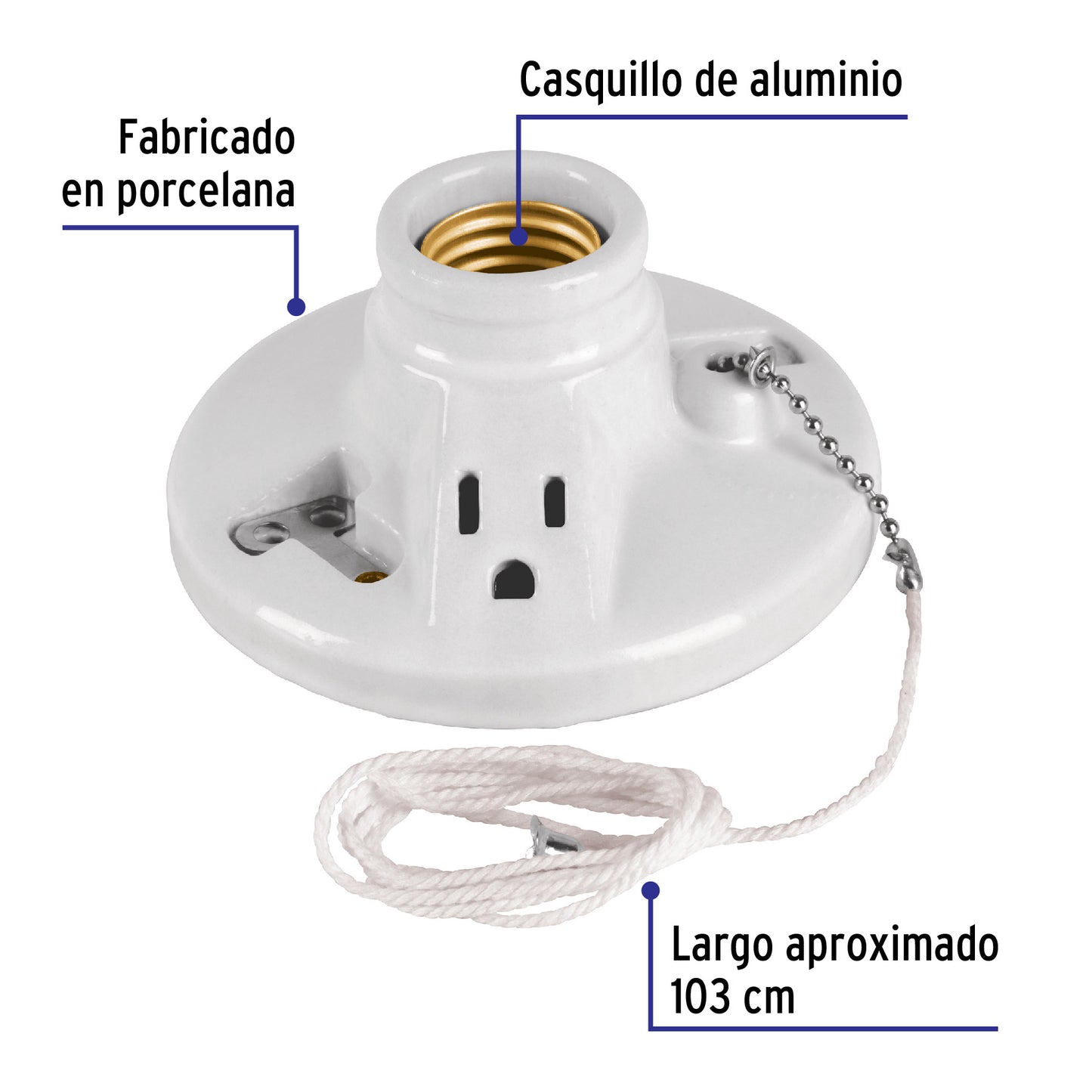 Portalámpara de porcelana, con ladrón y cadena, Volteck POPO-20 46526 MM00