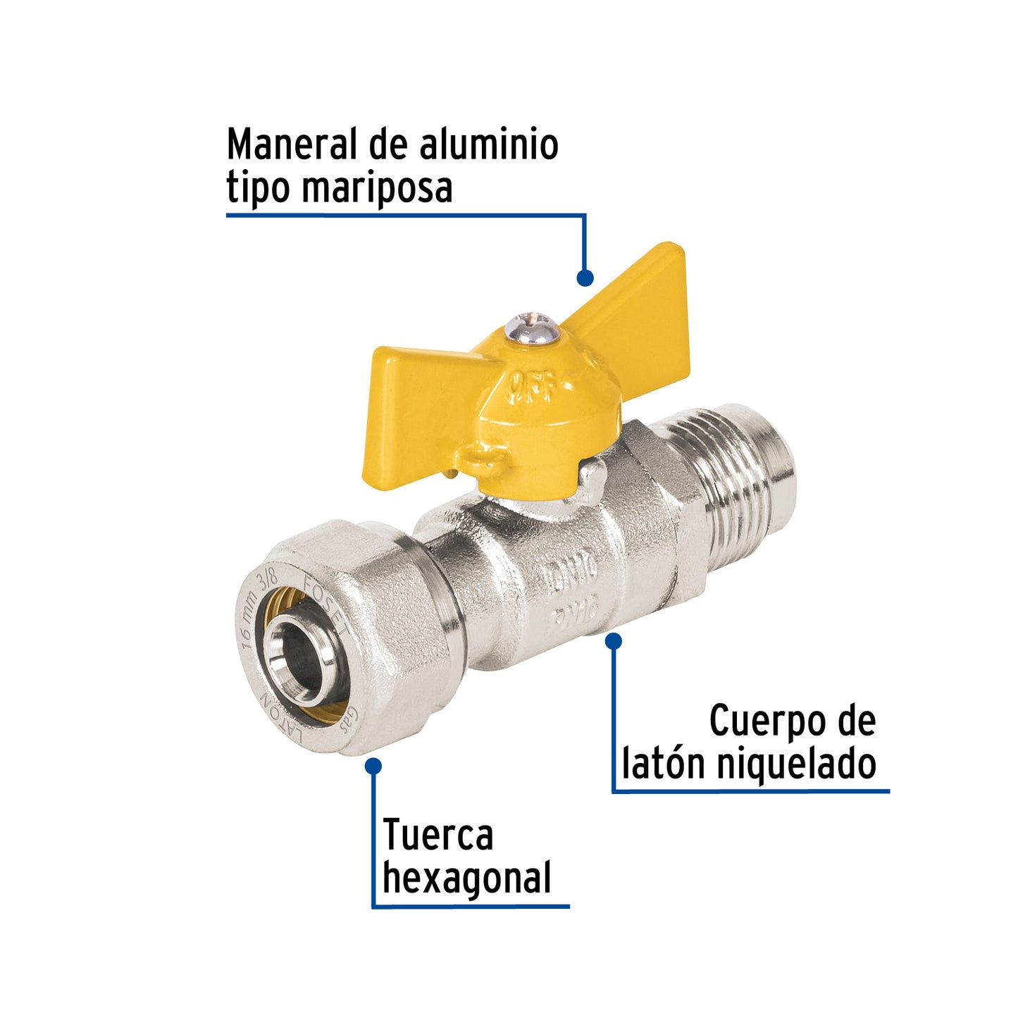 Válvula esfera para PE-AL-PE, 3/8'a flare 3/8', Foset PPG-38VF 45946 MM00