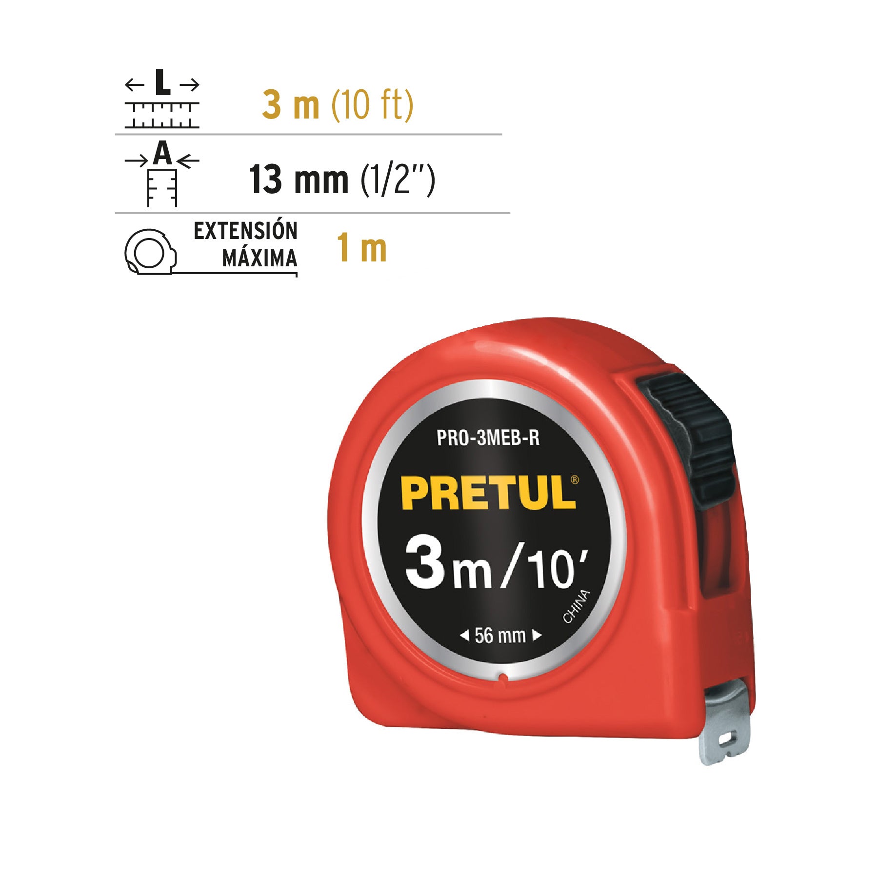 Flexómetro verde 3 m cinta 13 mm, en tarjeta, Pretul PRO-3MEB-R 21611 MM1