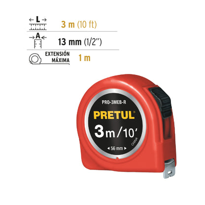 Flexómetro verde 3 m cinta 13 mm, en tarjeta, Pretul PRO-3MEB-R 21611 MM1