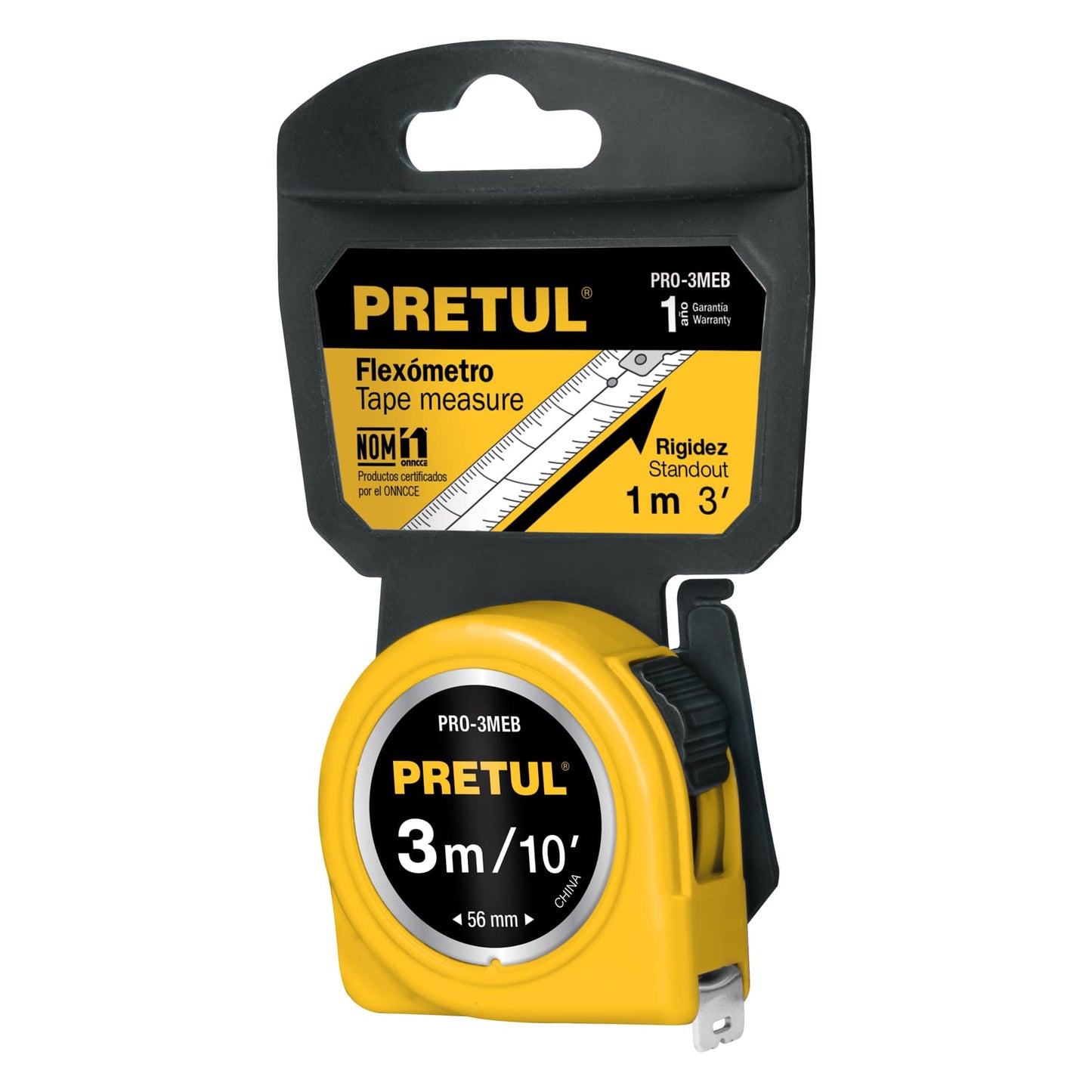 Flexómetro amarillo 3 m cinta 13 mm, en tarjeta, Pretul PRO-3MEB 21605 MM1