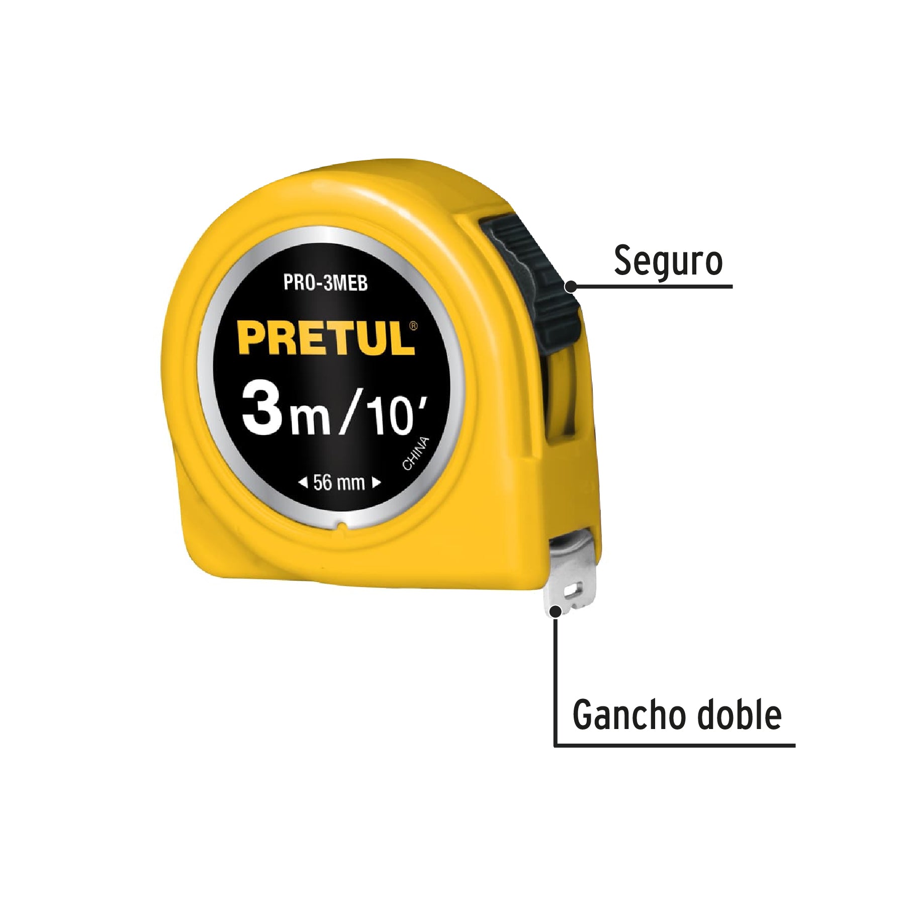 Flexómetro amarillo 3 m cinta 13 mm, en tarjeta, Pretul PRO-3MEB 21605 MM1