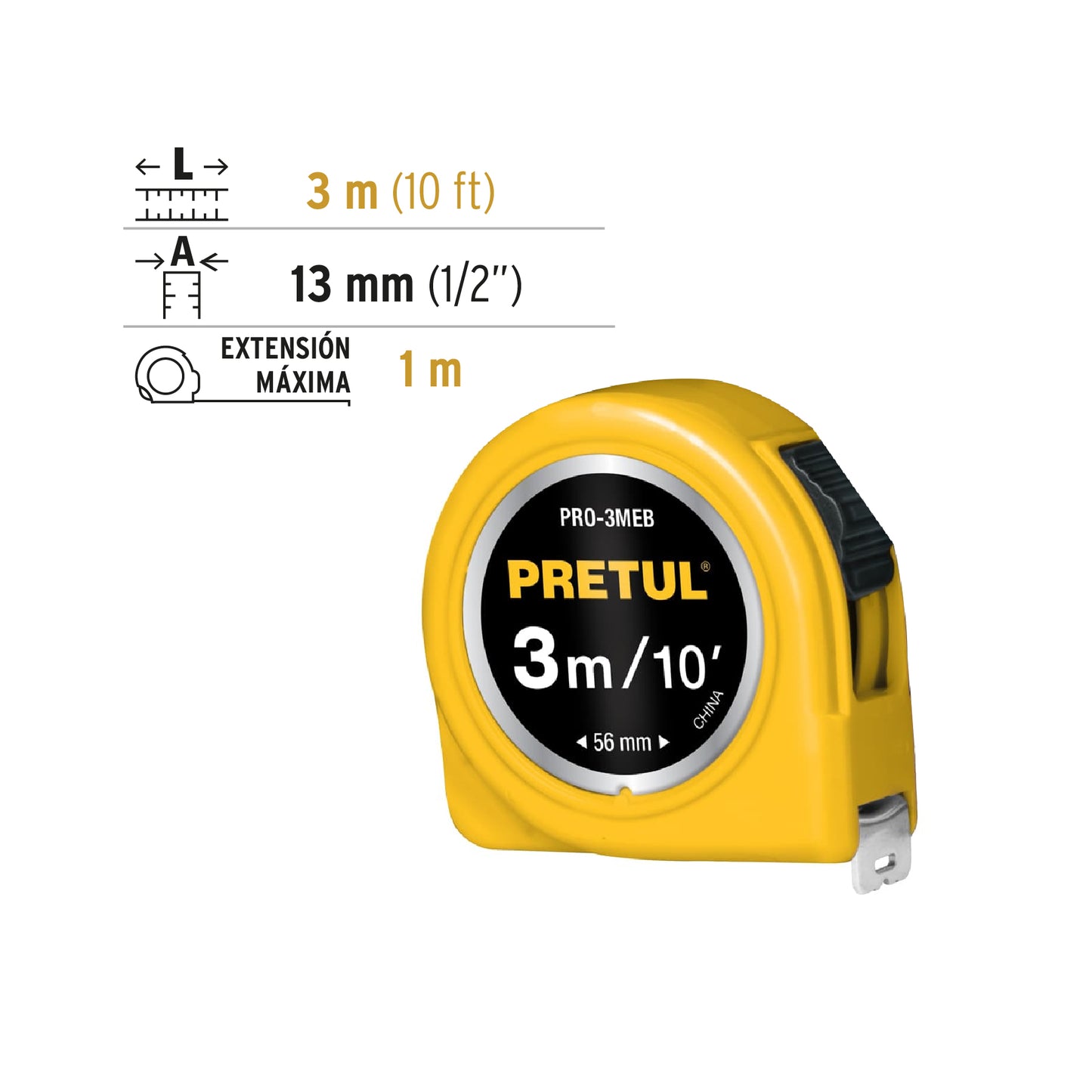 Flexómetro amarillo 3 m cinta 13 mm, en tarjeta, Pretul PRO-3MEB 21605 MM1