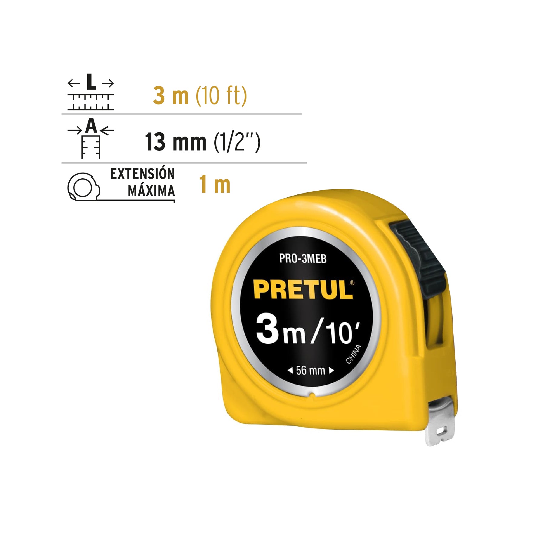 Flexómetro amarillo 3 m cinta 13 mm, en tarjeta, Pretul PRO-3MEB 21605 MM1